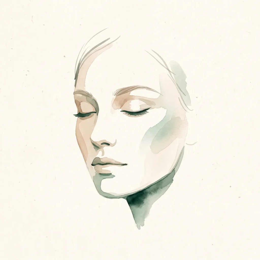 Ilustración en acuarela de un rostro sereno con la piel lisa