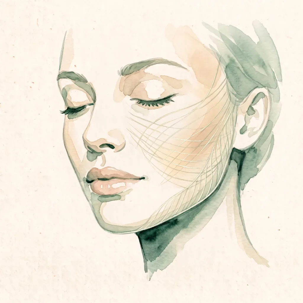 Ilustración en acuarela de un rostro con finas fibras luminosas sobre la mejilla y la mandíbula