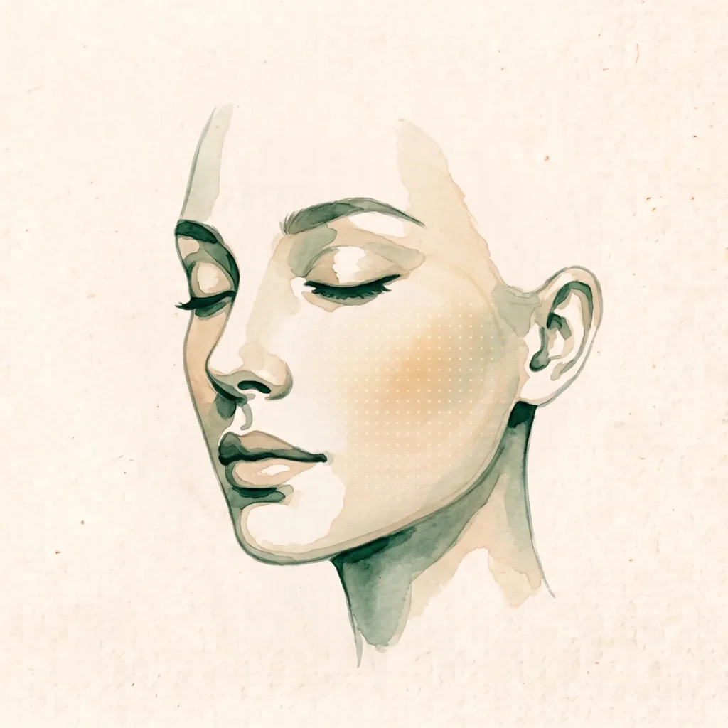 Ilustración en acuarela de un rostro con una fina cuadrícula de puntos de luz sobre la mejilla