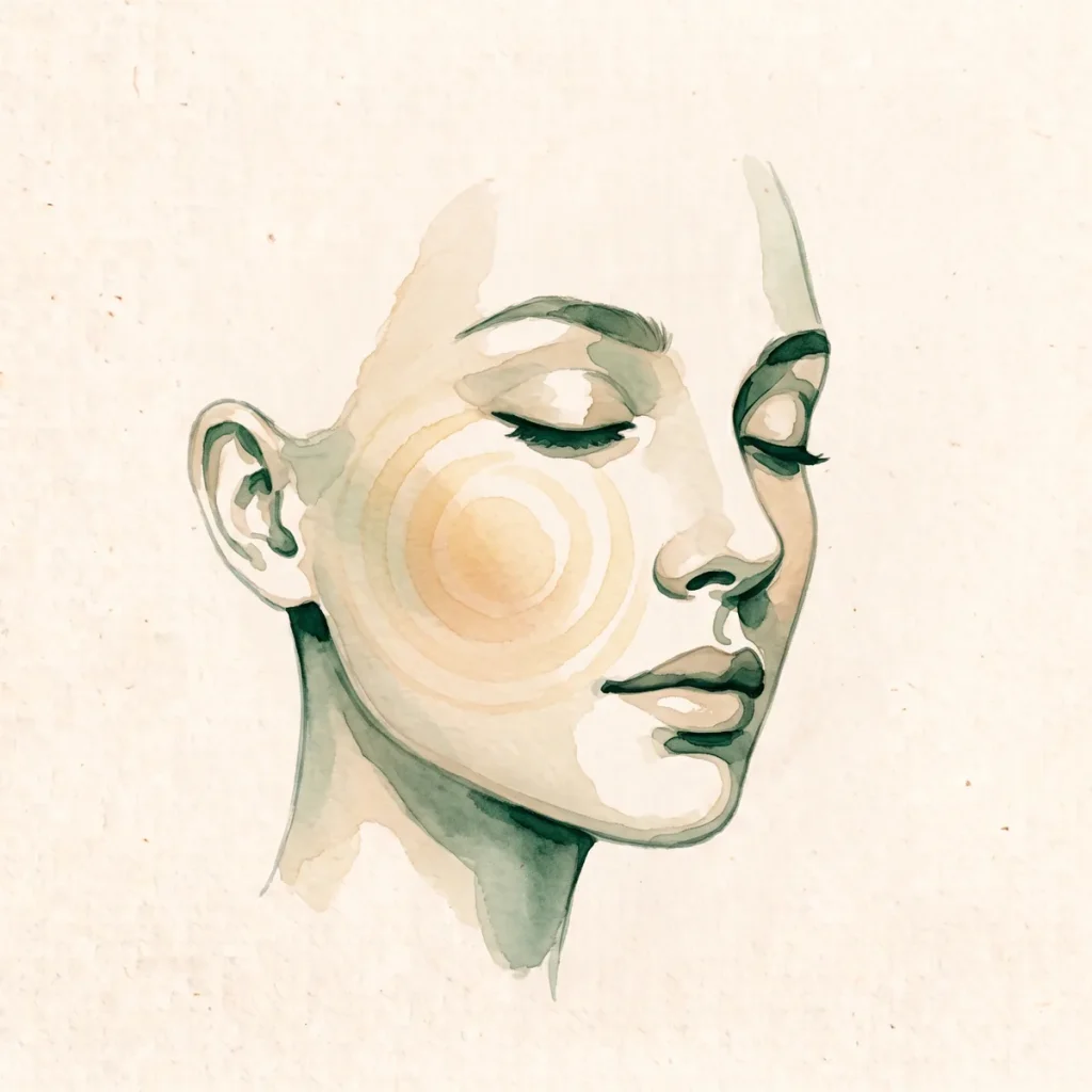 Ilustración en acuarela de un rostro con anillos de luz cálida sobre la mejilla