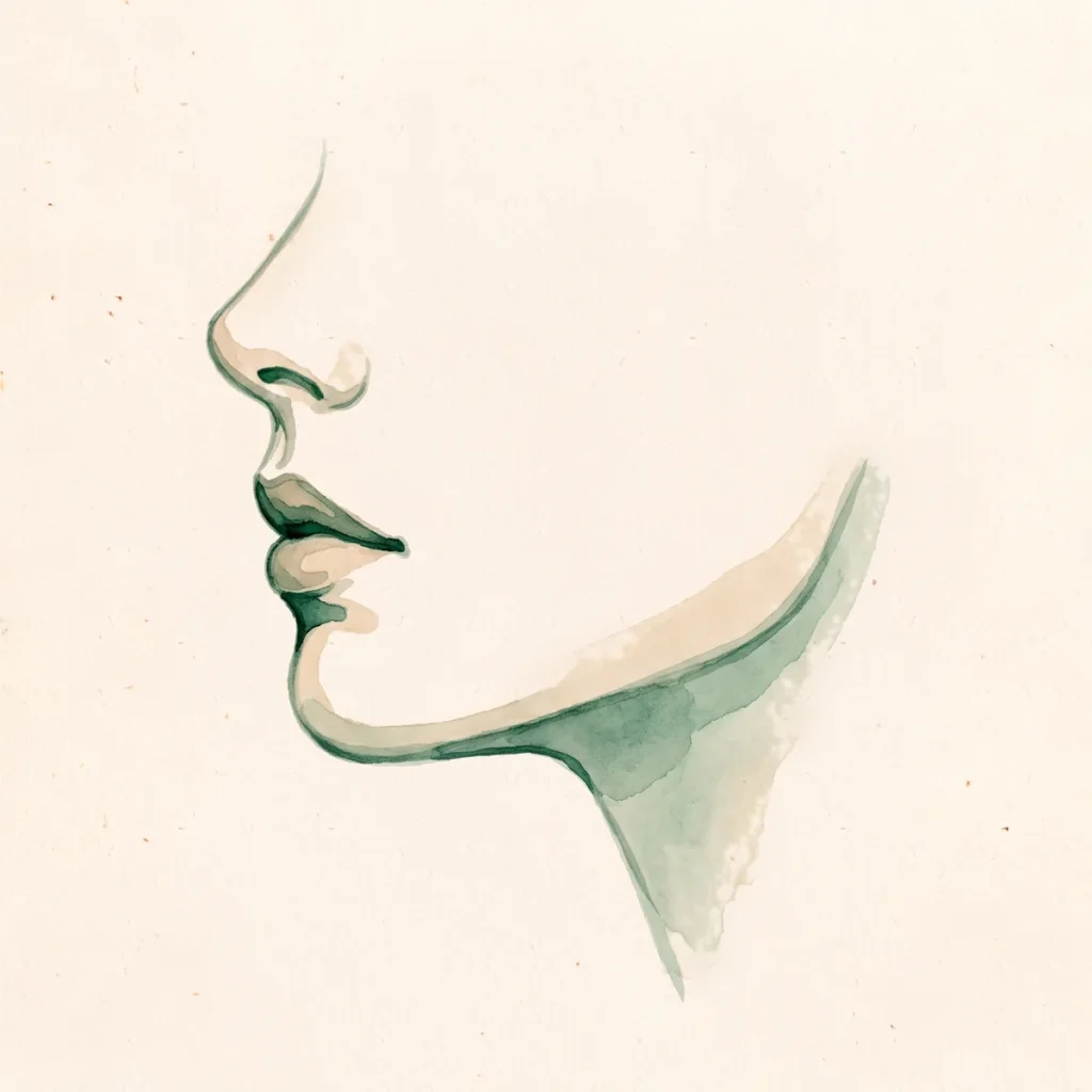 Ilustración en acuarela del perfil de un rostro con la mandíbula definida y el mentón proyectado