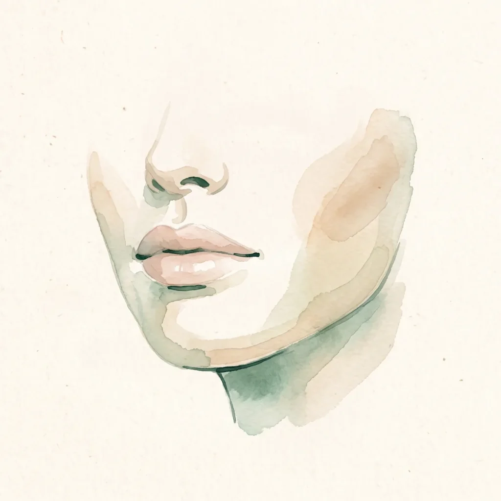 Ilustración en acuarela de unos labios naturales con un suave brillo
