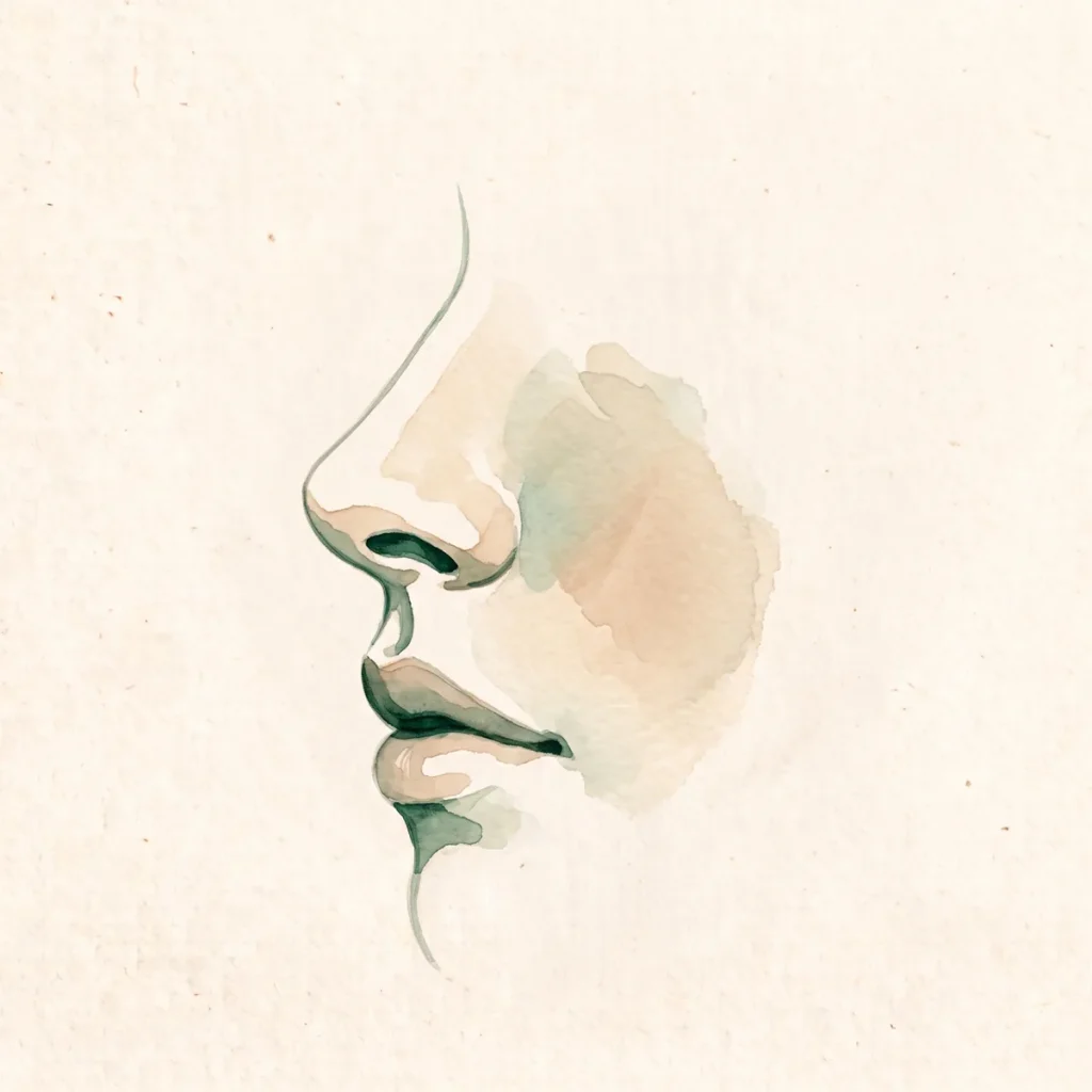 Ilustración en acuarela del perfil de una nariz con una línea armoniosa