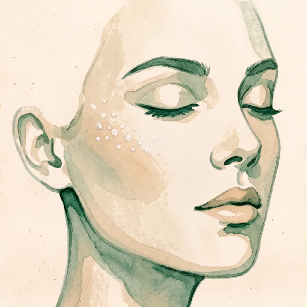 Ilustración en acuarela de un rostro sereno con brillos de perla de hidratación en el pómulo